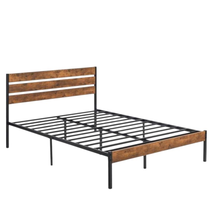Hivvago Full Industrial Platform Bed Frame with Brown Wood Slatted Headboard Footboard