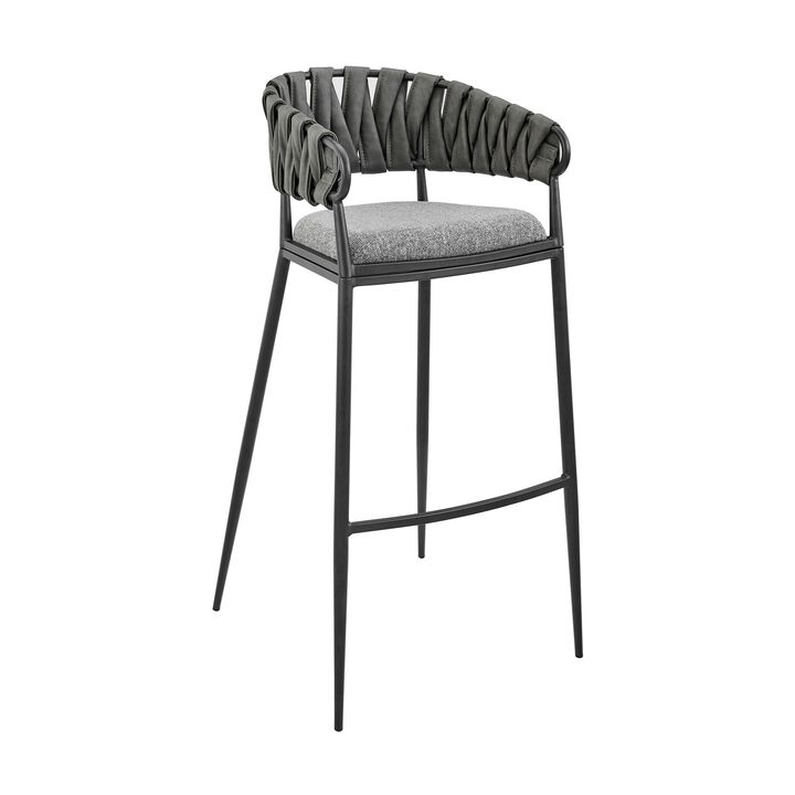 Mimy 30 Inch Barstool Chair, Gray Faux Leather Strap Back, Black Iron - Benzara