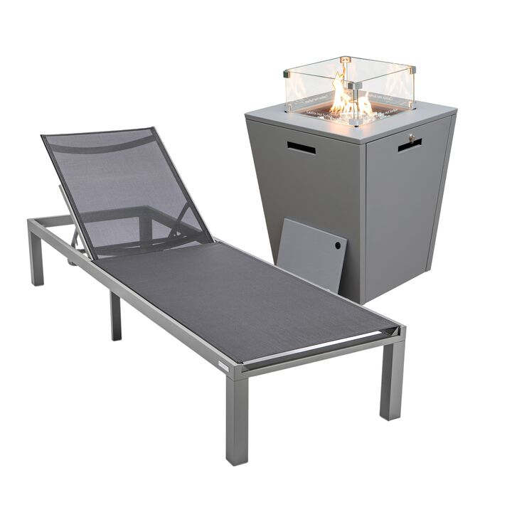 LeisureMod Marlin Modern Black Aluminum Outdoor Patio Chaise Lounge Chair in Grey Frame with Square Fire Pit Side Table