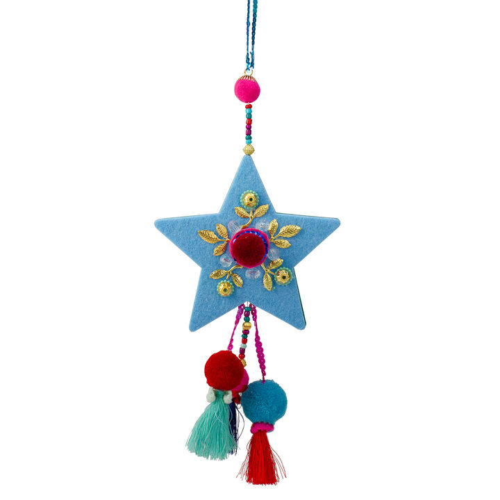 11" Blue and Red Star with Pom Pom Christmas Ornament