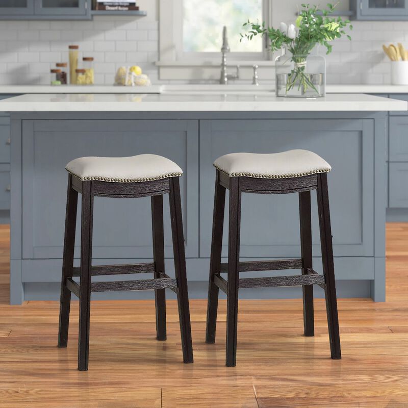 29 Inch Wooden Bar Stool with Upholstered Cushion Seat, Set of 2, Gray and Black-Benzara