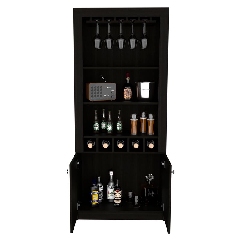 Montenegro Bar Cabinet, Double Door Cabinet, Five Built-in Wine Rack, Three Shelves -Black