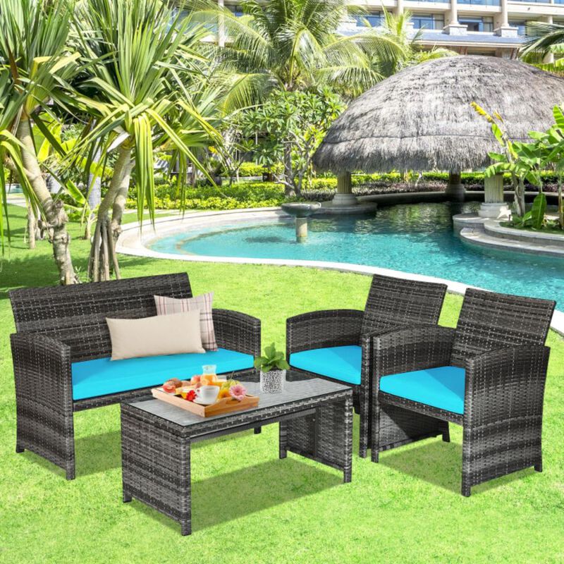 Hivvago 4 Pieces Patio Rattan Furniture Set with Glass Table and Loveseat