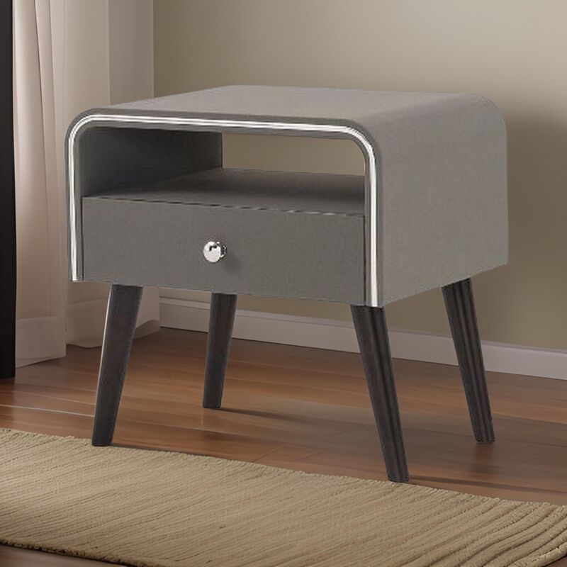 Curved Edge 1 Drawer Nightstand with Chrome Trim, Gray and Brown-Benzara