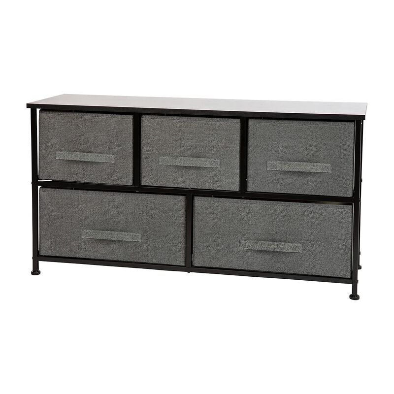 Flash Furniture Harris 5 Drawer Storage Chest - Black Cast Iron Frame and Wood Top - 5 Easy Pull Dark Gray Fabric Drawers