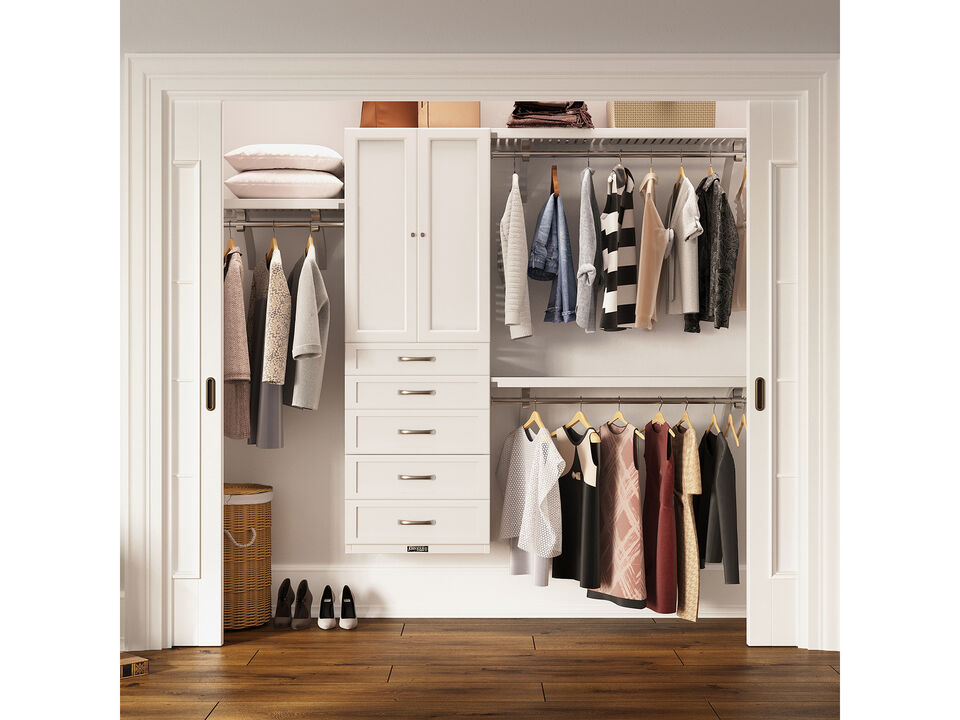 Solid Wood Walk-In Closet Organizer with 5 Shaker Style Drawers and Solid Wood Doors
