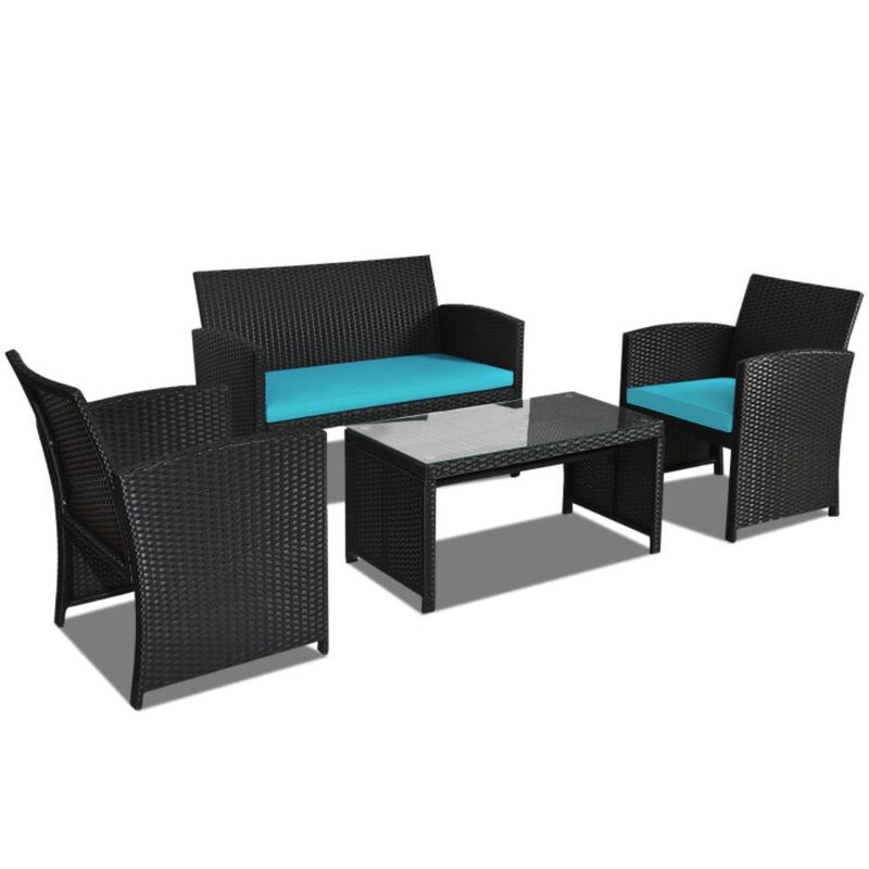 Hivvago 4 Pieces Rattan Patio Furniture Set with Weather Resistant Cushions and Tempered Glass Tabletop