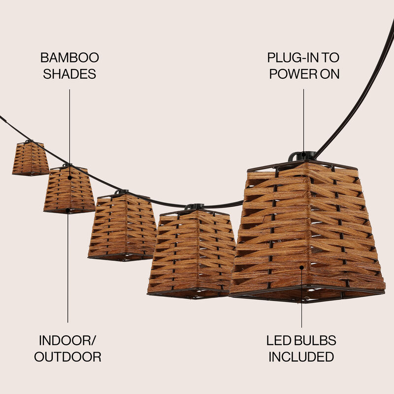Quinn 10-Light Indoor/Outdoor 10 ft. Classic Vintage Incandescent G40 Square Bamboo Shaded String Lights, Brown