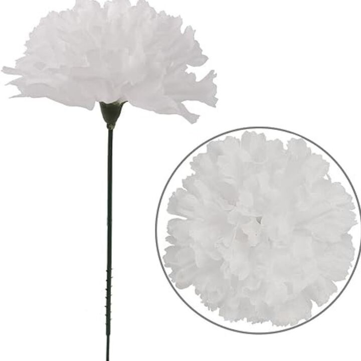 White Silk Carnation Picks, Artificial Flower Heads for Weddings, Decorations, DIY Decor, 100 Count Bulk Carnations, 3.5" Carnation Heads with 5" Stems