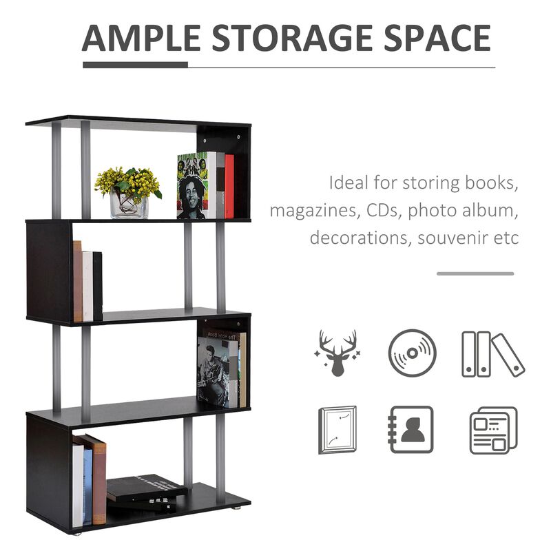 Black Modern Bookshelf: Decorating Room Divider Bookcase with 5 Tier Shelves, Steel Tube and Unique Style