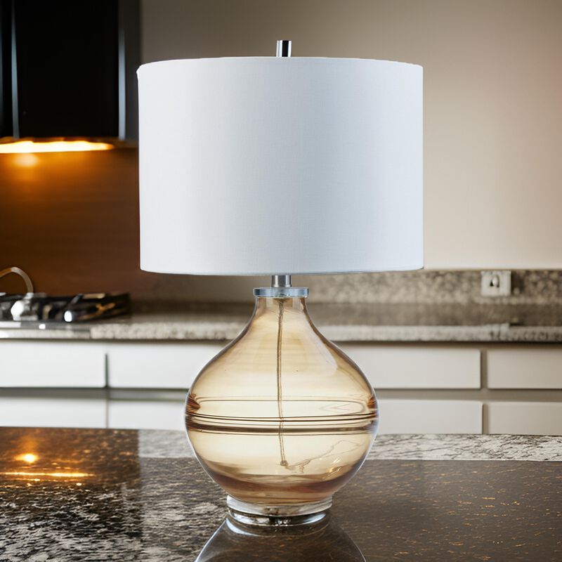 Amie 22 Inch Table Lamp, White Drum Shade, Drop Amber Glass Base, Metal - Benzara