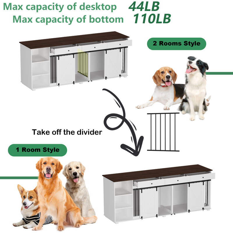 Large Dog Crate Furniture with 3 Drawers, Wooden Double Dog Crate Kennel Furniture with Sliding Door, Storage Shelves