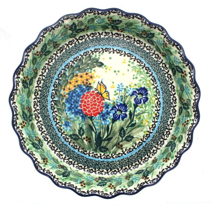 Blue Rose Polish Pottery Barnyard Rooster Pie Plate