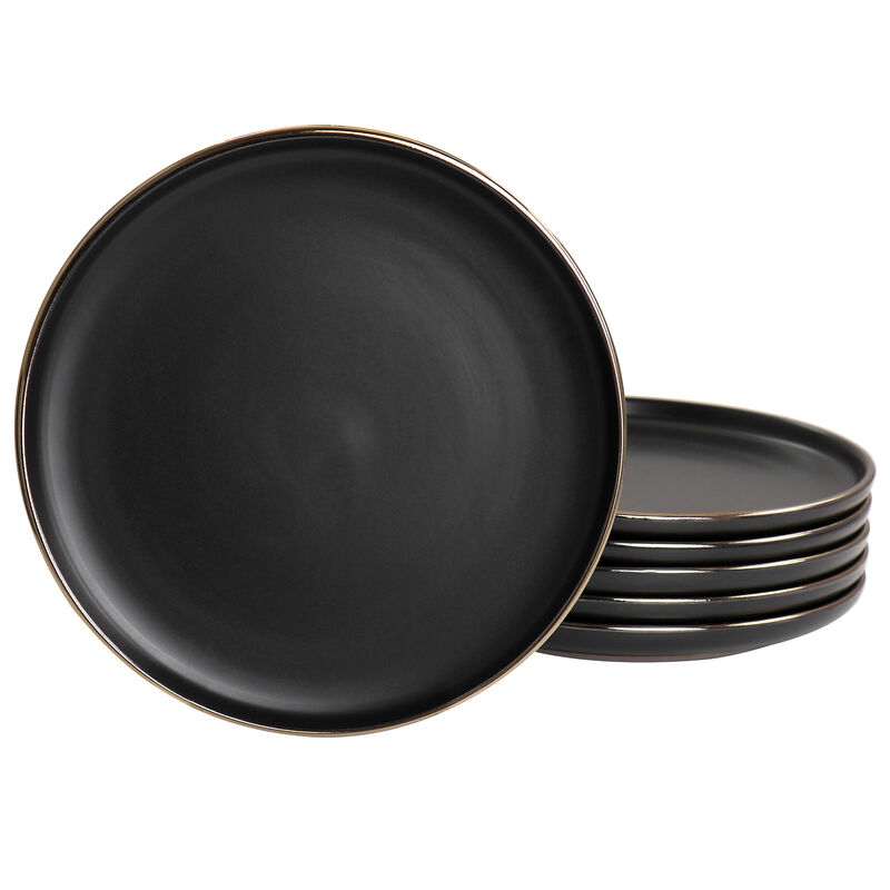 Elama Paul 6 Piece Stoneware Salad Plate Set in Matte Black with Gold Rim