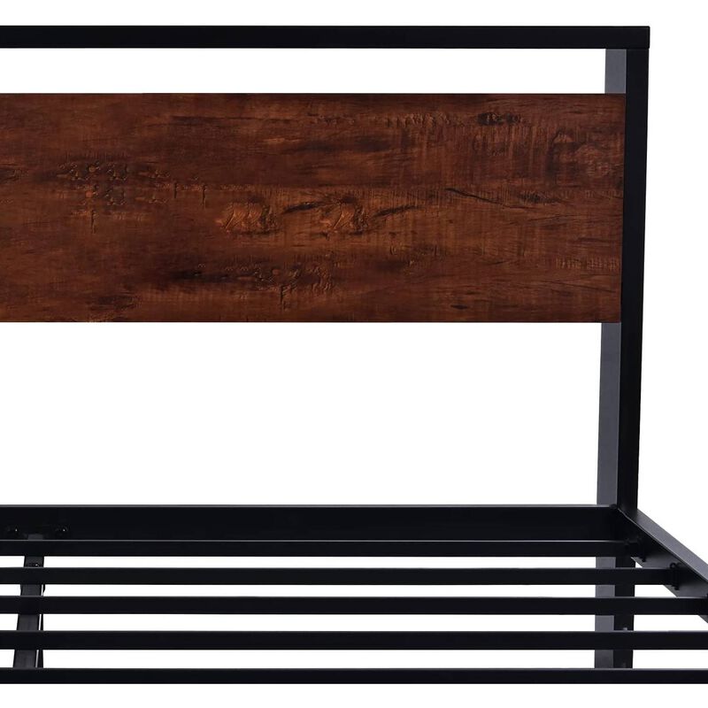 Hivvago Queen Metal Platform Bed Frame with Mahogany Wood Panel Headboard Footboard