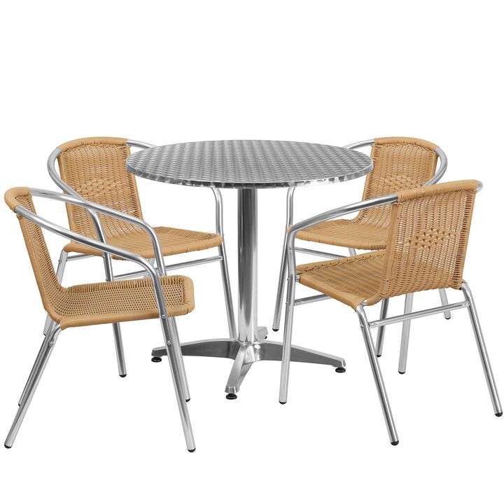 Flash Furniture 31.5'' Round Aluminum Indoor-Outdoor Table Set with 4 Beige Rattan Chairs