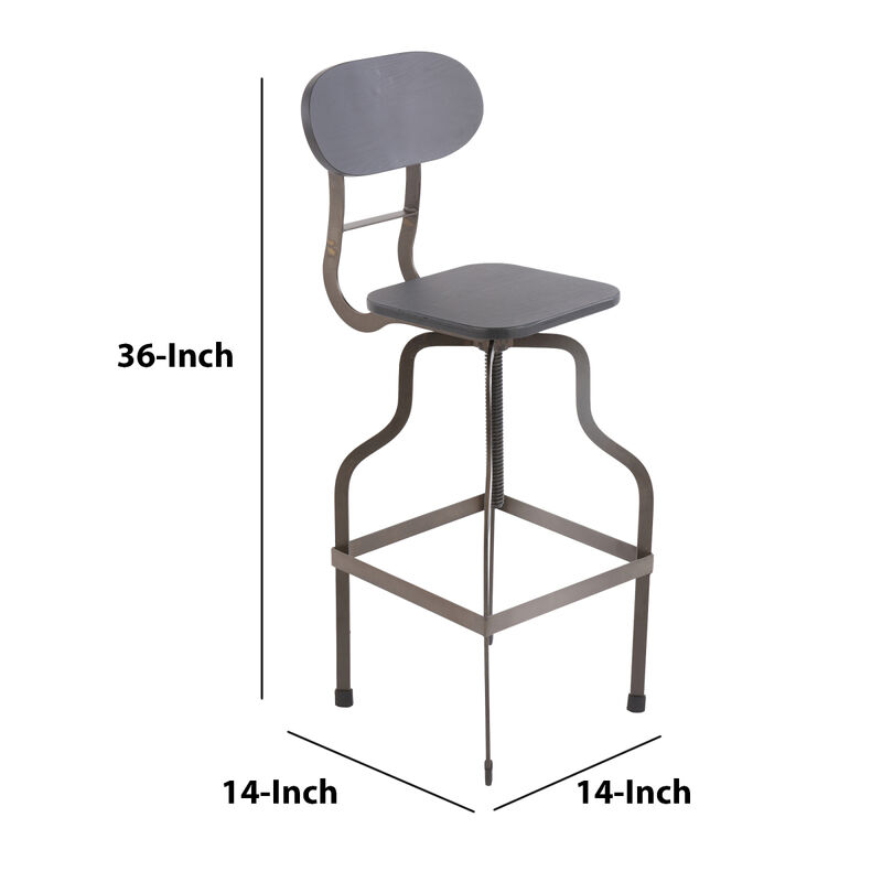 Industrial Style Wooden Swivel Barstool With Curved Metal Base, Gray