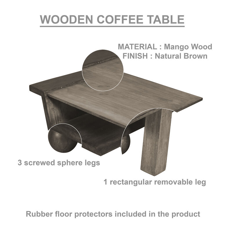 34 Inch Coffee Table, Handcrafted Natural Brown Mango Wood, Modern Contemporary Design Base