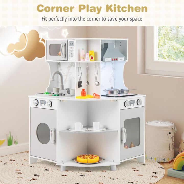 Hivvago Kids Corner Wooden Play Kitchen with Range Hood and Stoves