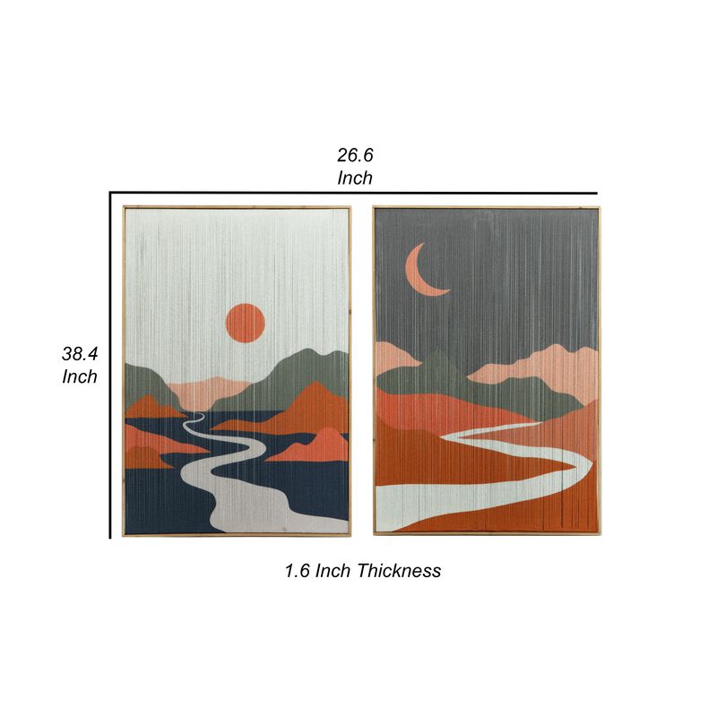 27 x 38 Wall Art Set of 2, Day and Night Design, Fir Wood, Orange, Gray - Benzara