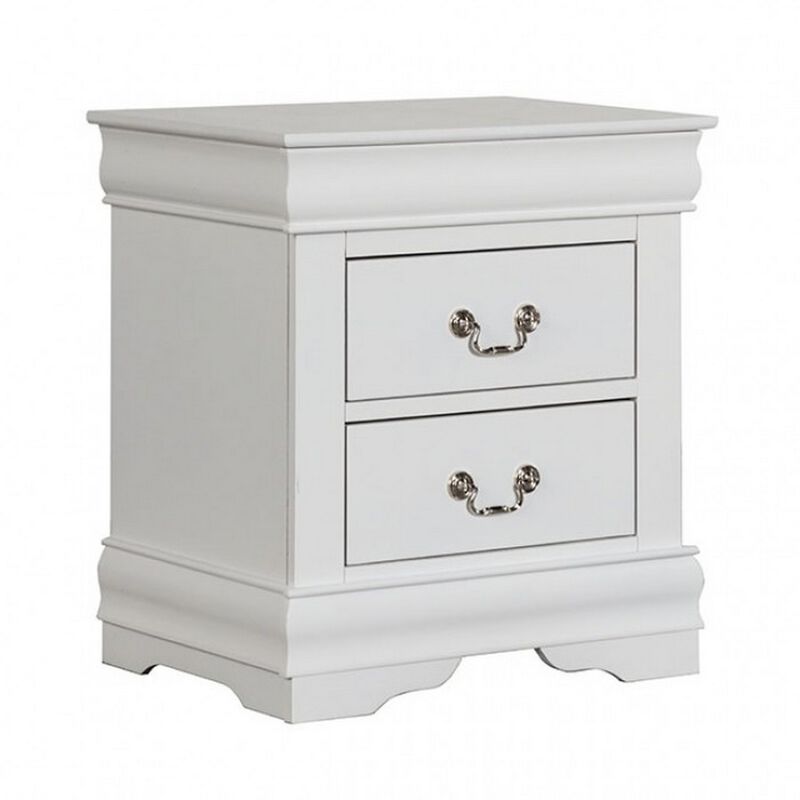 Ryla Nightstand, 2 Drawers, Classic White Solid Wood, Nickel Metal Handles