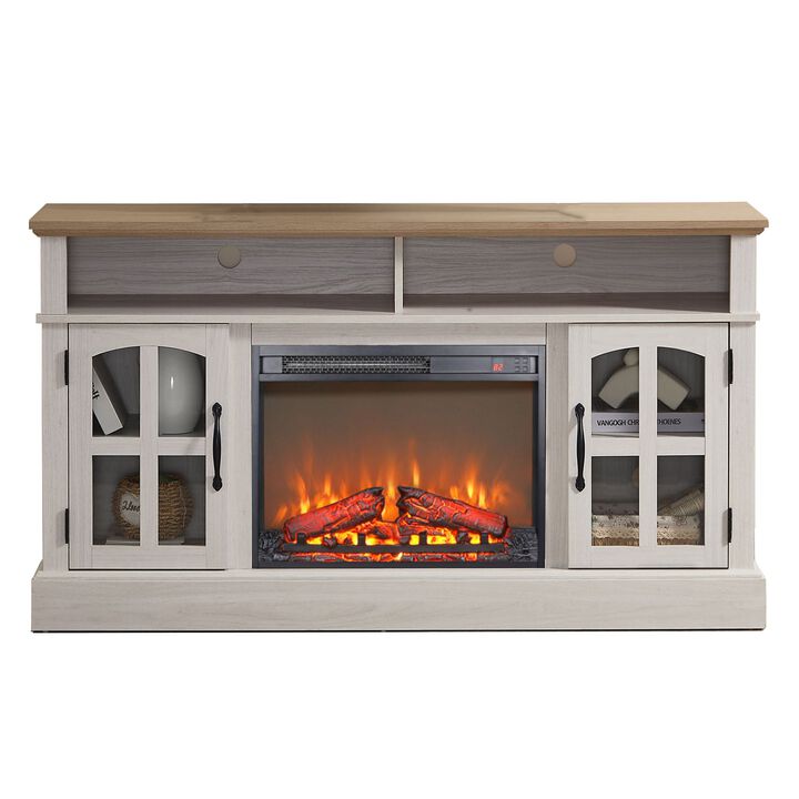 Mondawe 58" Fireplace TV Stand, Entertainment Center with 23" Electric Fireplace, TV Table for TVs up to 70 Inch, Media Console Cabinet with Storage and Glass Doors for Living Room