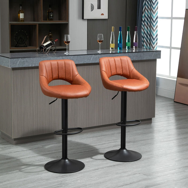 Modern Bar Stools Set of 2 Swivel Bar Height Barstools Chairs with Adjustable Height, Round Heavy Metal Base, and Footrest, Brown