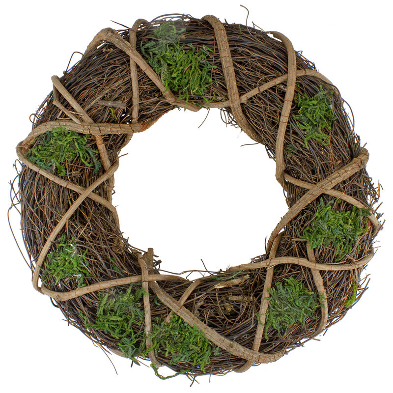 13" Green and Brown Moss and Twig Artificial Spring Wreath - Unlit