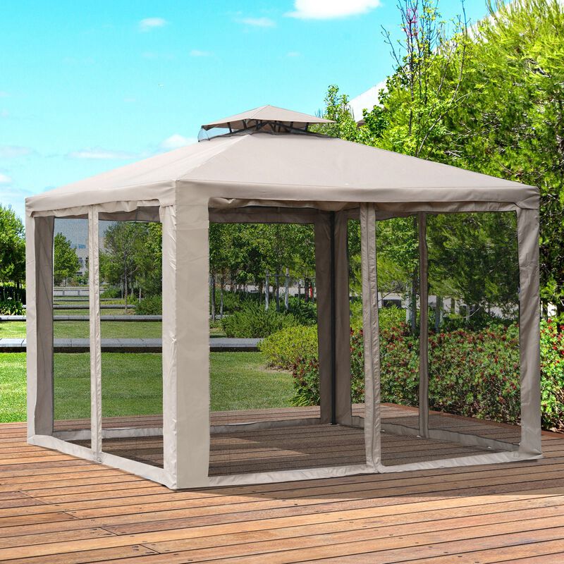Gazebo 10' x 10' Outdoor Canopy Shelter with 2-Tier Roof and Netting, Steel Frame for Garden, Lawn, Backyard and Deck, Taupe