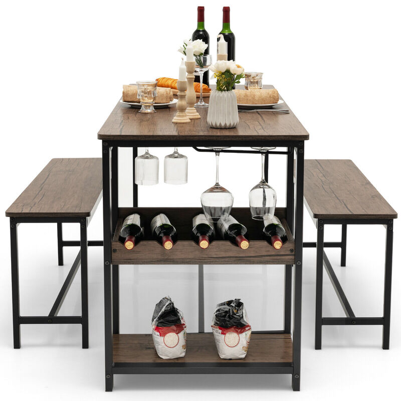 3 Pieces Dining Table Set for 4 with Wine Rack-Brown