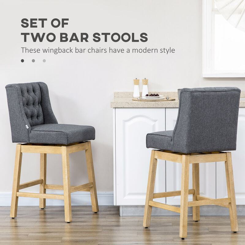 HOMCOM Counter Height Bar Stools Set of 2, 180 Degree Swivel Barstools, 27" Seat Height Bar Chairs with Solid Wood Footrests and Button Tufted Design, Gray