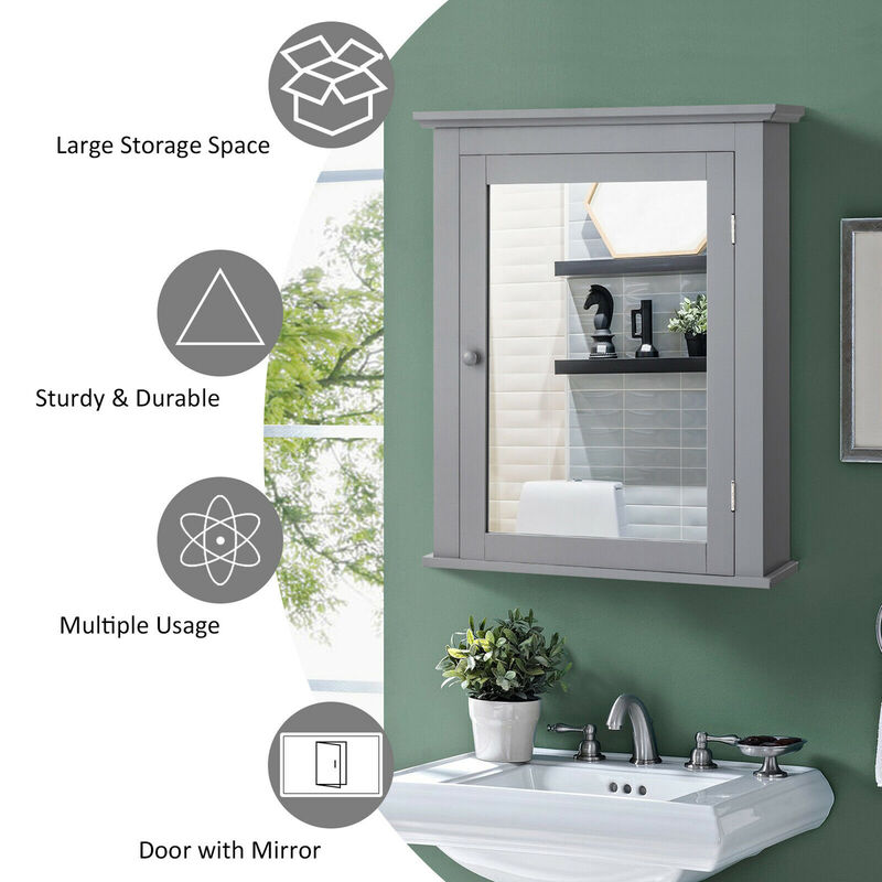 Costway Bathroom Mirror Cabinet Wall Mounted Adjustable Shelf Medicine Grey