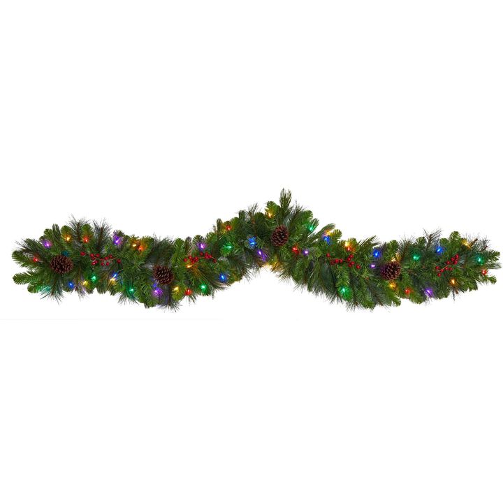 Nearly Natural 6-ft Colorado Fir Artificial Christmas Garland with 50 Multicolored LED Lights, Berries and Pinecones