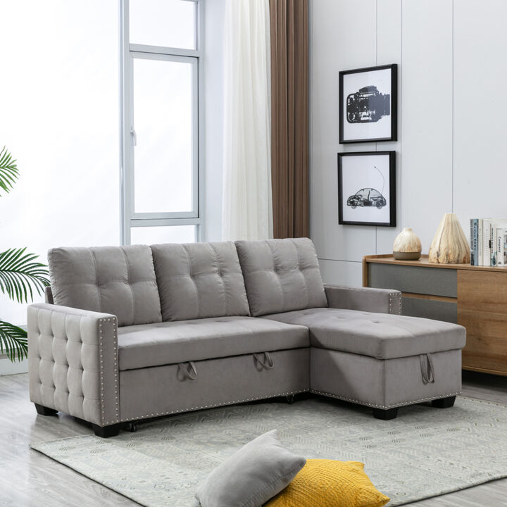 77 Inch Reversible Sectional Storage Sleeper Sofa Bed, L-Shaped 2 Seat Sectional Chaise With Storage, Skin-Feeling Velvet Fabric, Light Grey Color For Living Room Furniture