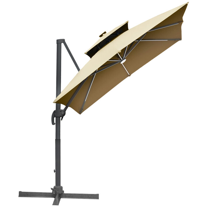 10ft Solar LED Cantilever Umbrella w/ Cross Base Tilt and Crank Khaki