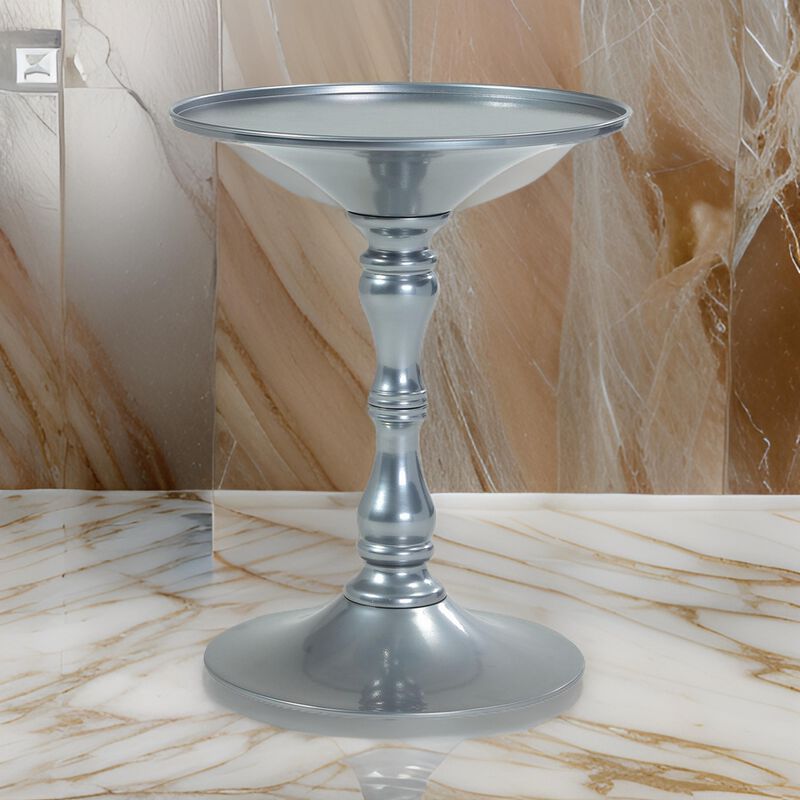 Wowi 23 Inch Side End Table, Round Hourglass Turned Base, Silver Finish - Benzara