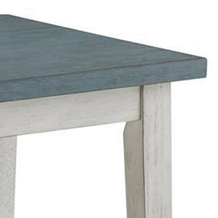 Eleni 24 Inch Side Table, Square Bottom Shelf, Antique White and Teal Wood - Benzara
