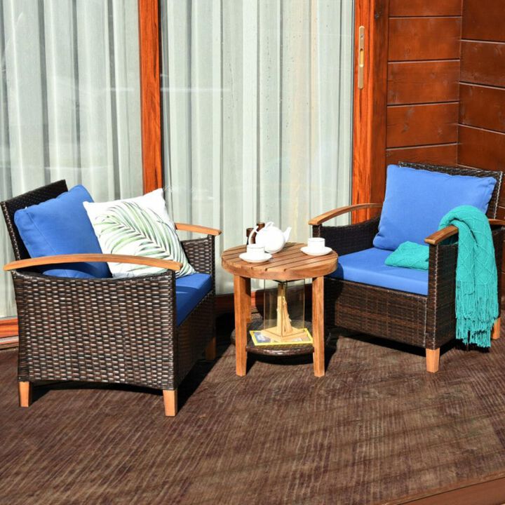 Hivvago 3 Pieces Patio Wicker Furniture Set with Washable Cushion and Acacia Wood Tabletop