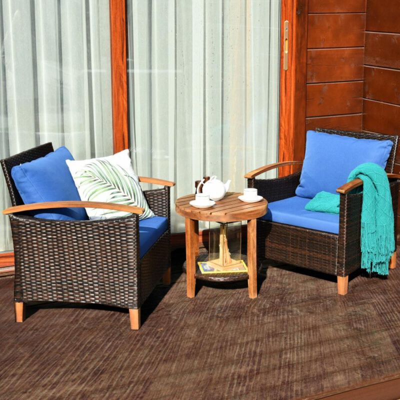 Hivvago 3 Pieces Patio Wicker Furniture Set with Washable Cushion and Acacia Wood Tabletop