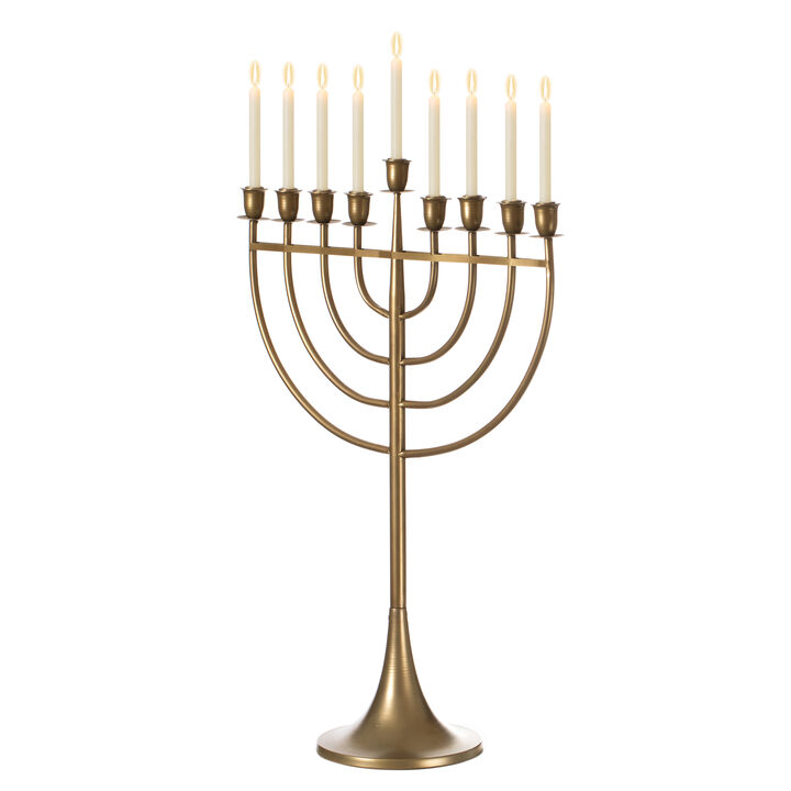 Modern Solid Metal Judaica Hanukkah Menorah 9 Branched Candelabra, Gold Medium