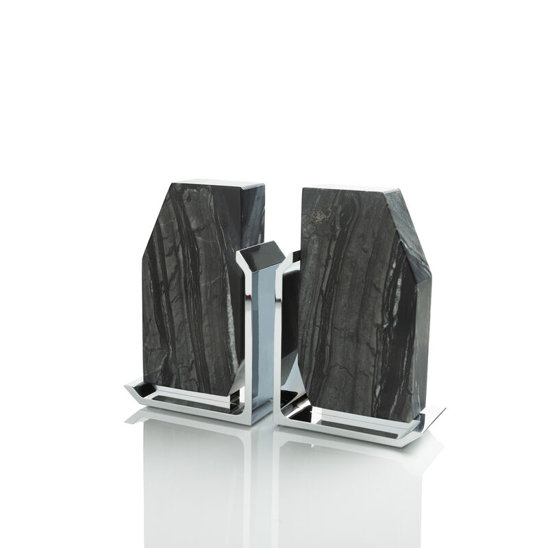 Fim Geo Bookends Grey Marble & Silver, Set of 2