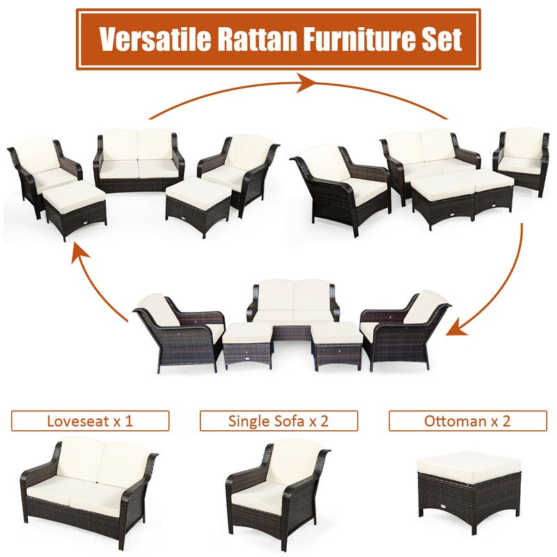 5 Pieces Patio Rattan Sofa Set with Cushion and Ottoman