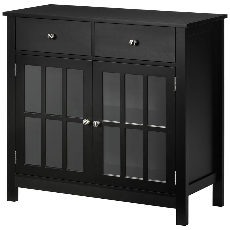 HOMCOM Sideboard Buffet Cabinet, Kitchen Cabinet with 2 Drawers and Glass Doors, Accent Cabinet for Living Room, Black