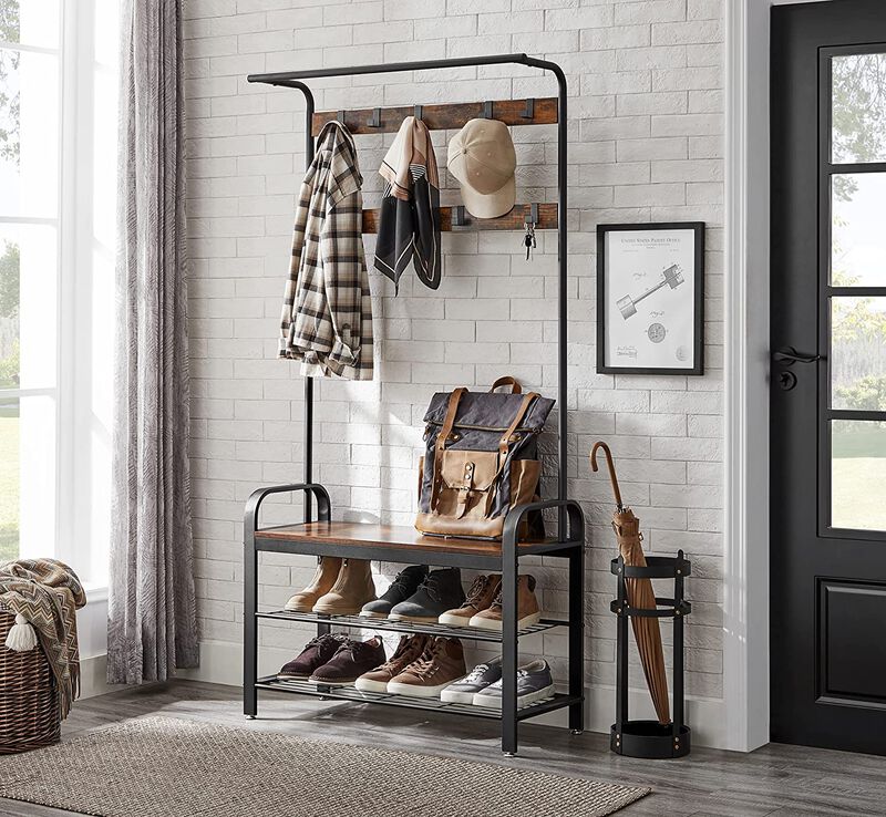 Coat Rack Shoe Bench with Wood, Look Accent and Metal Frame