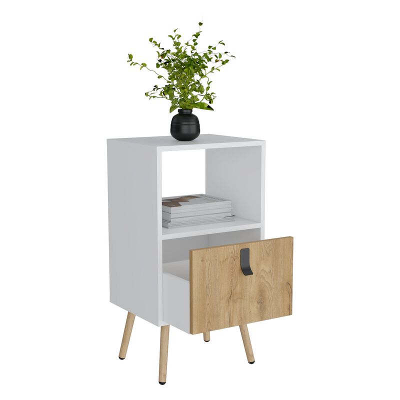 Huna Tall Nightstand with Open Storage and Drawer in Modern Design-White / Macadamia