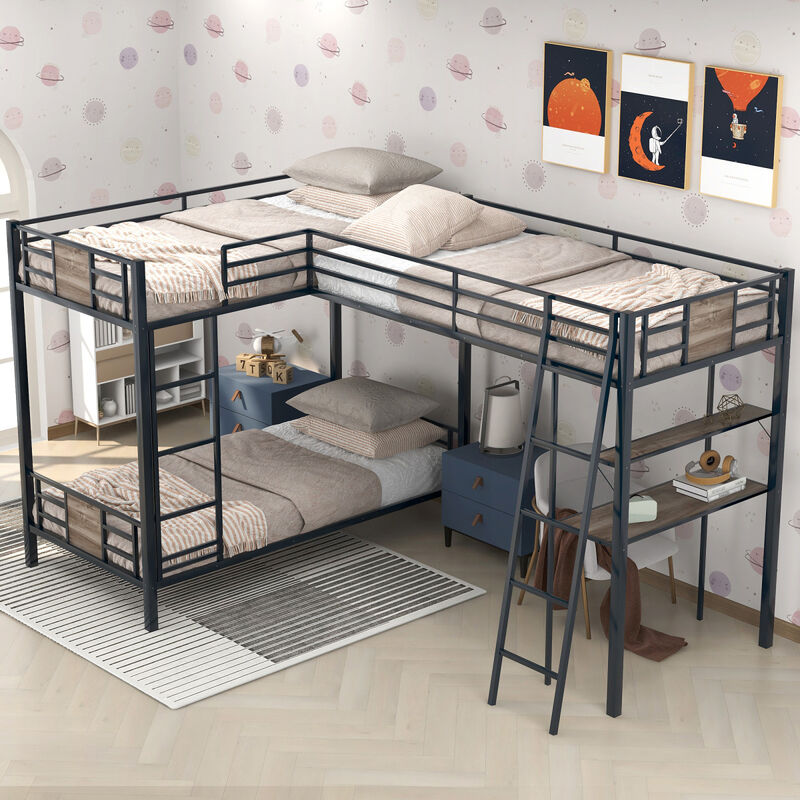 L-Shaped Twin Over Twin Bunk Bed With Twin Size Loft Bed With Desk And Shelf, Brown