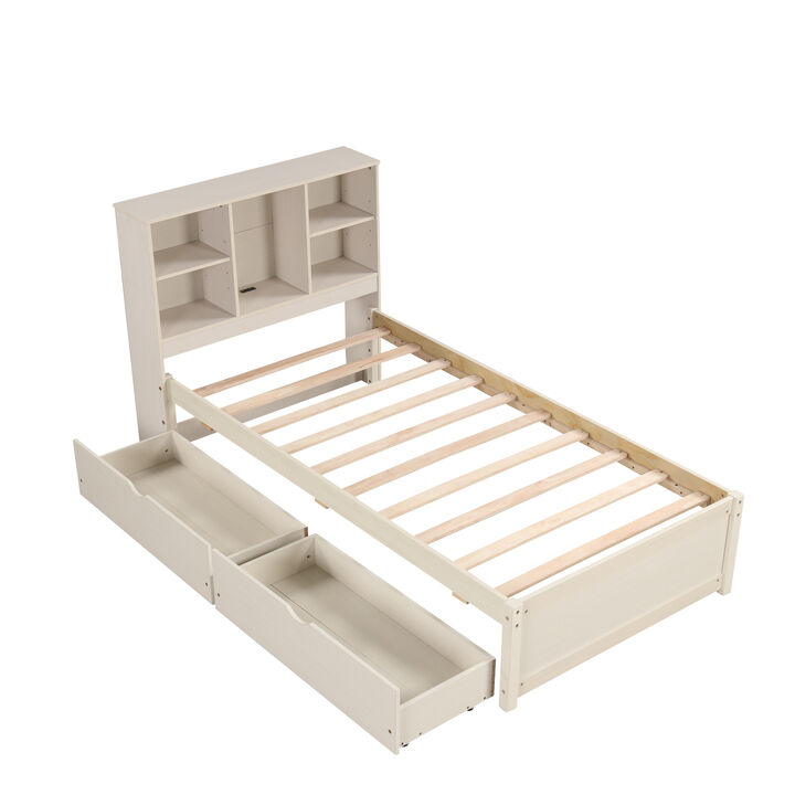 Modern Twin Size Bed Frame With Built-in USB Port on Bookcase Headboard and 2 Drawers