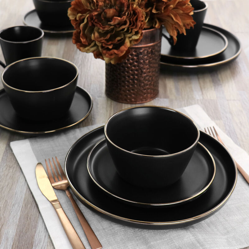 Elama Paul 16 Piece Stoneware Dinnerware Set in Matte Black with Gold Rim