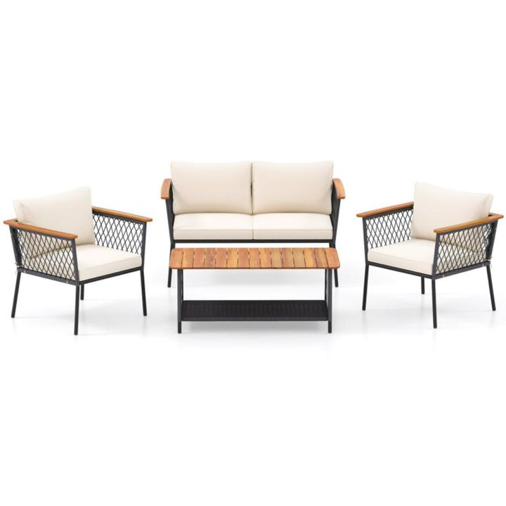 Hivvago 4 Piece Patio Rattan Furniture Set with 2-Tier Coffee Table