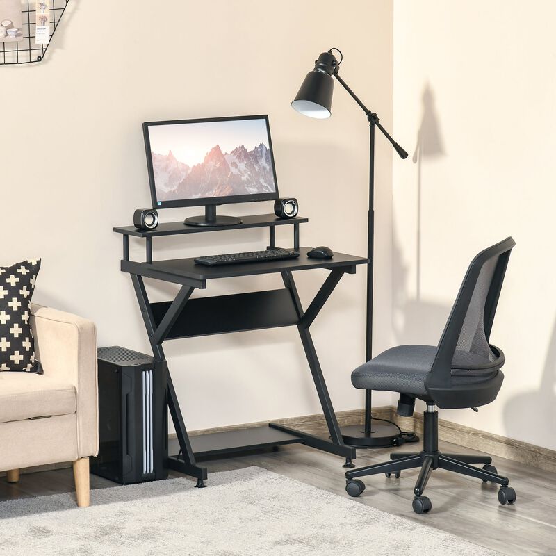 Black industrial computer desk with monitor shelf, R-shaped writing table design, suitable for home office setups.